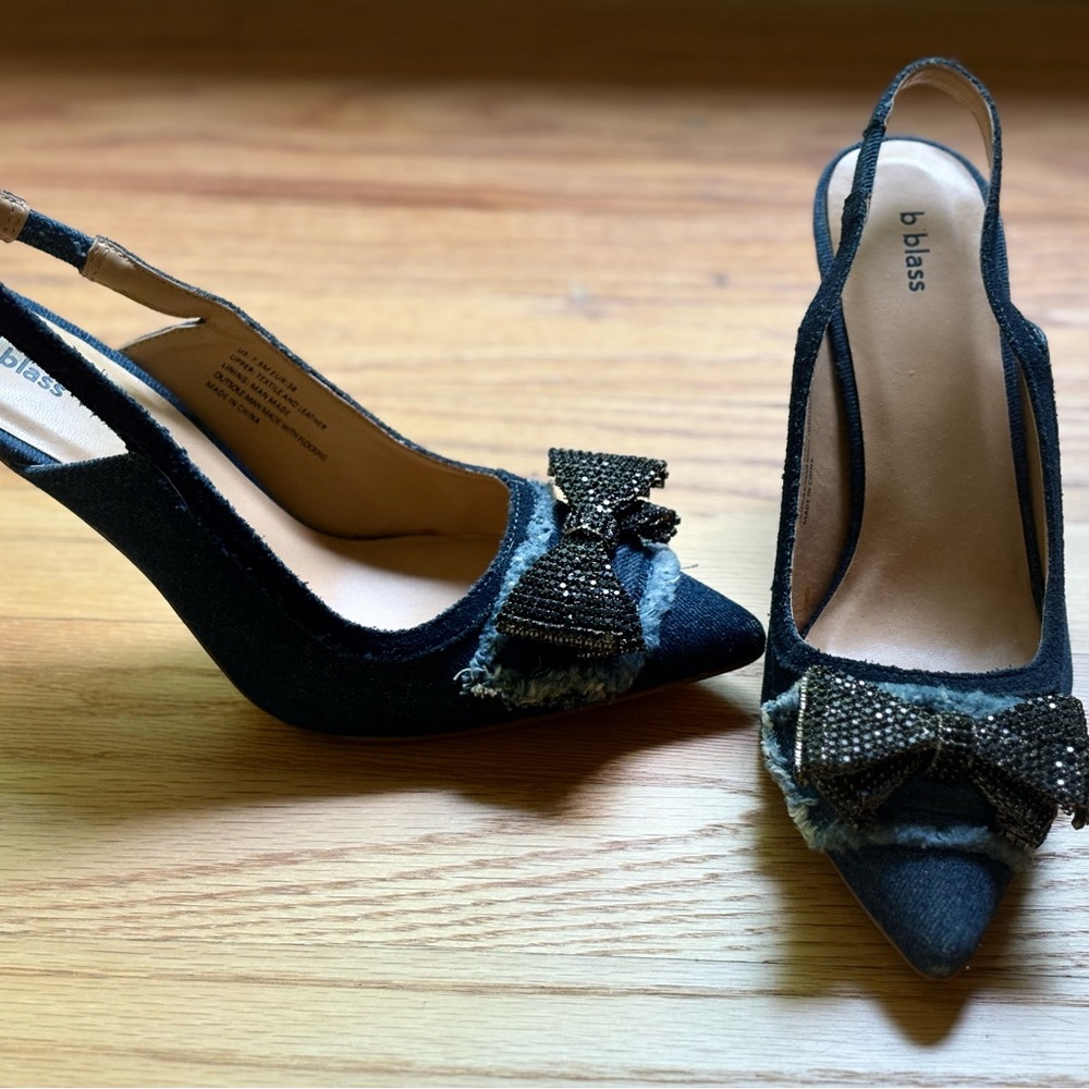 B Blass Denim Slingback Heels with Sequins Bow Detail
